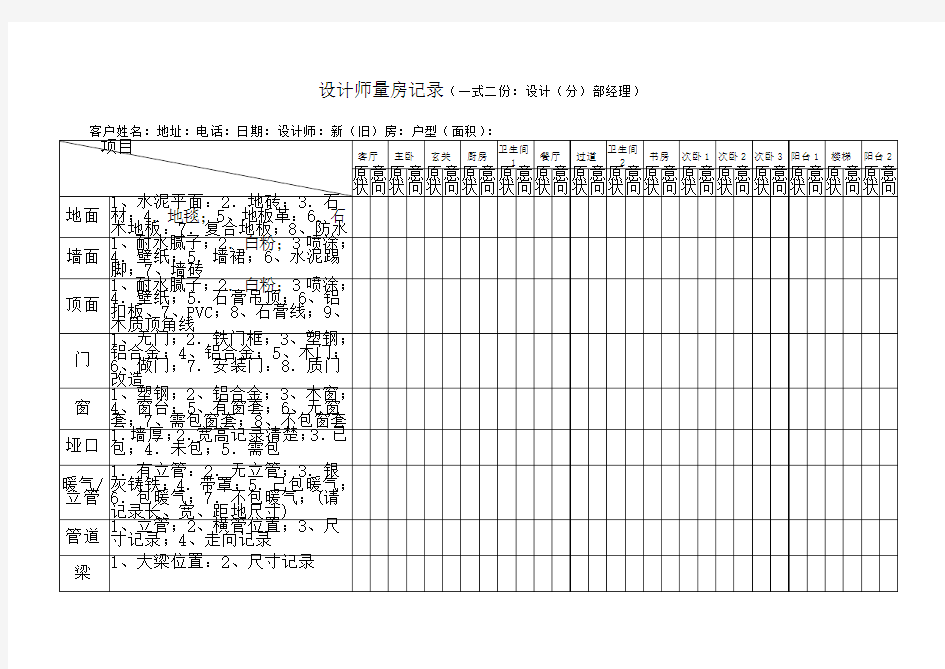 家装公司设计师量房记录表