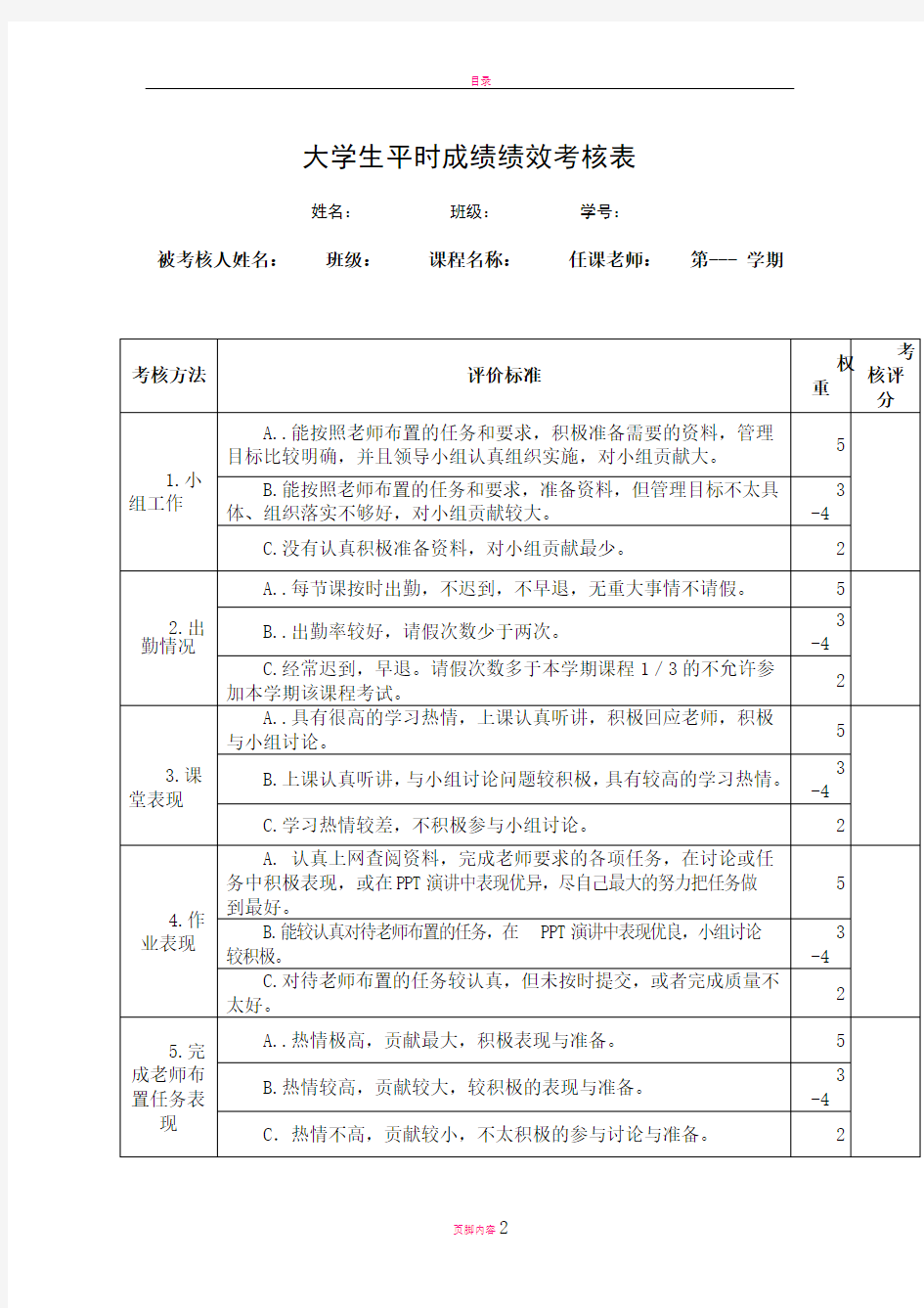 大学生平时成绩绩效考核表