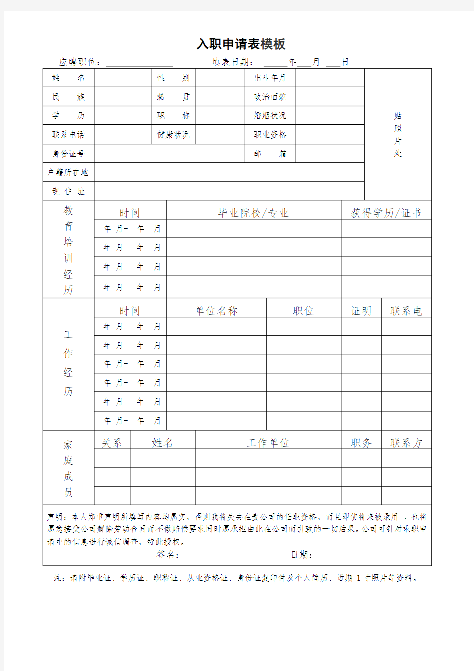 入职申请表模板范文