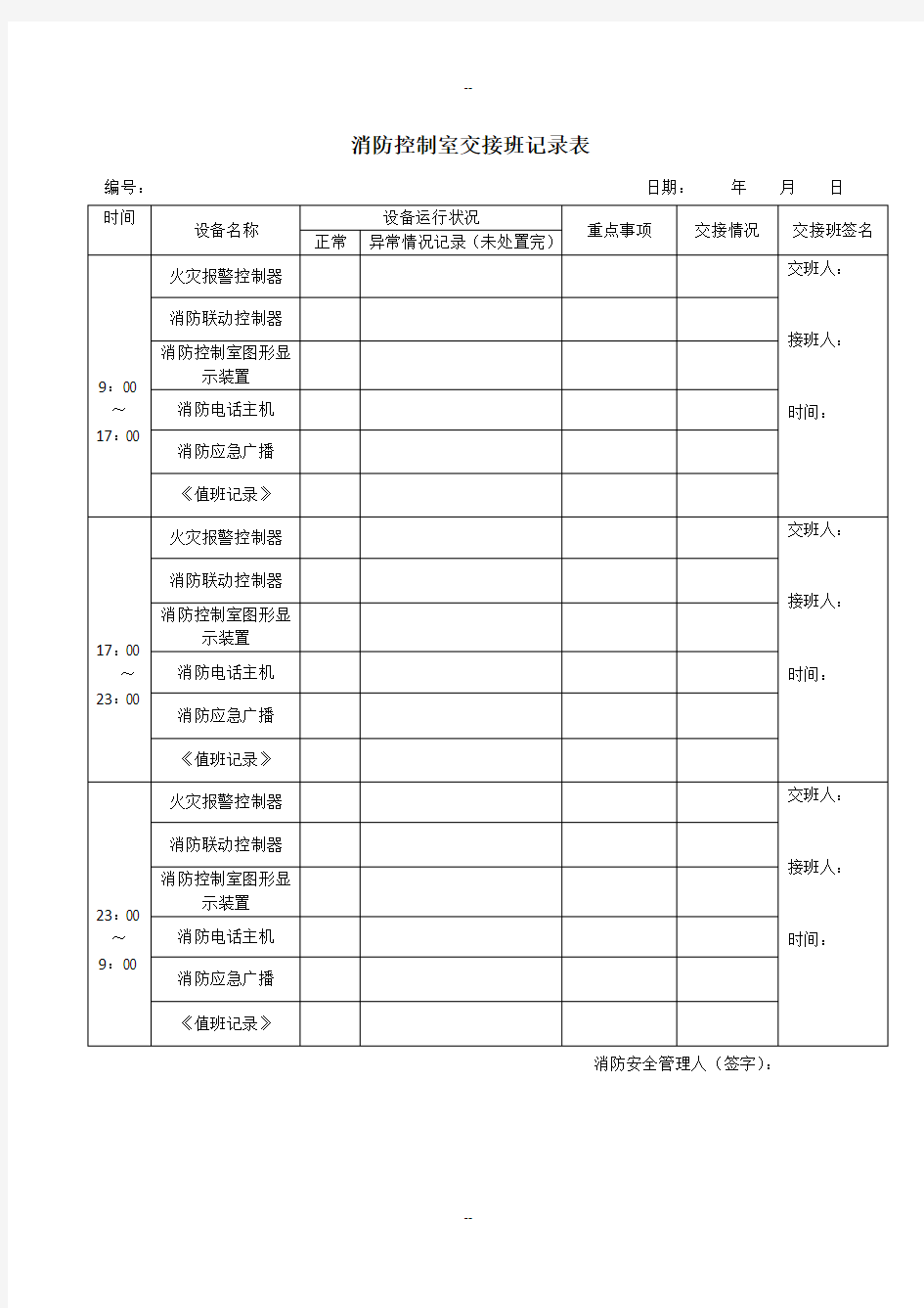 消防控制室交接班记录表(示例)