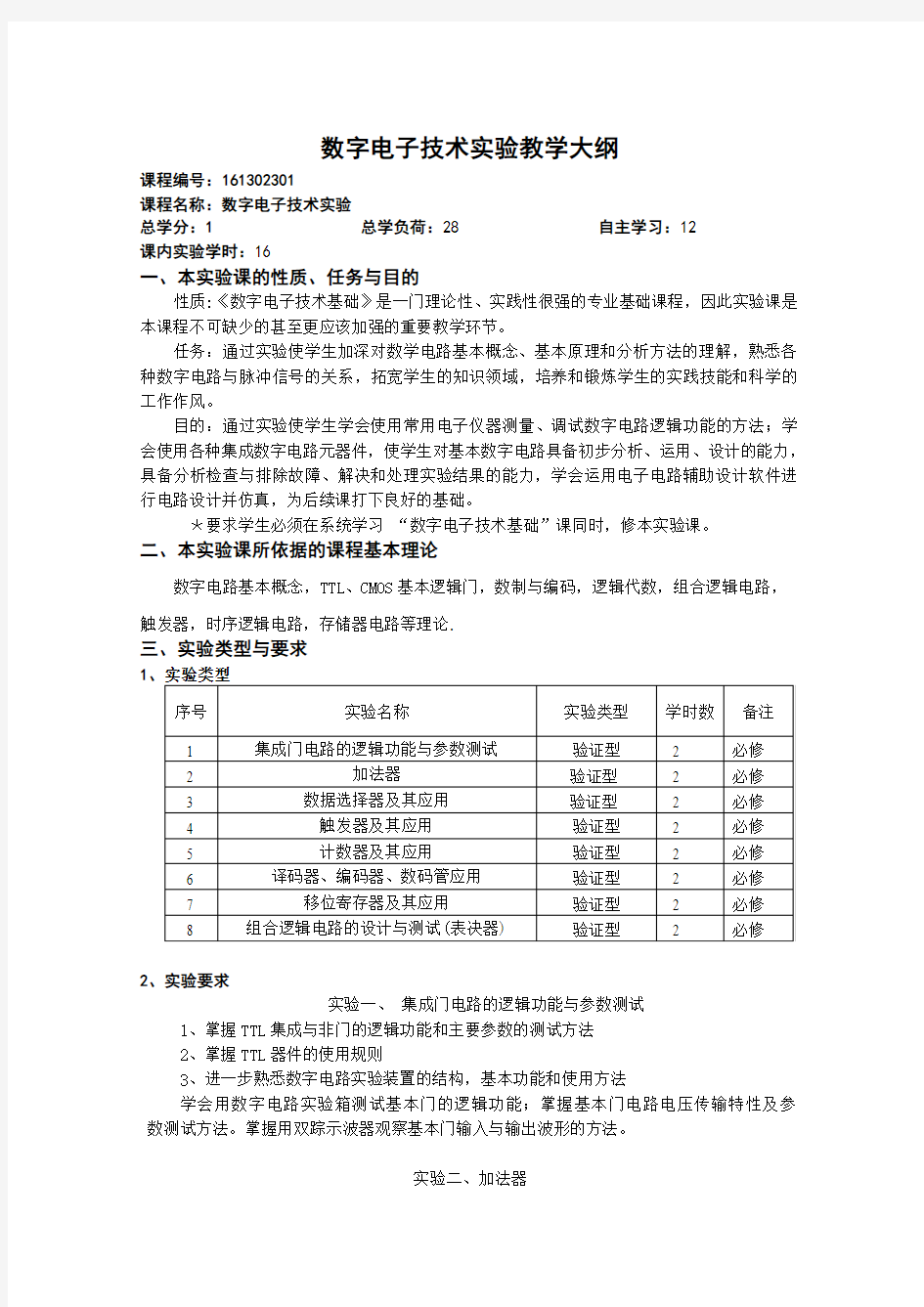 《数字电子技术基础实验》教学大纲