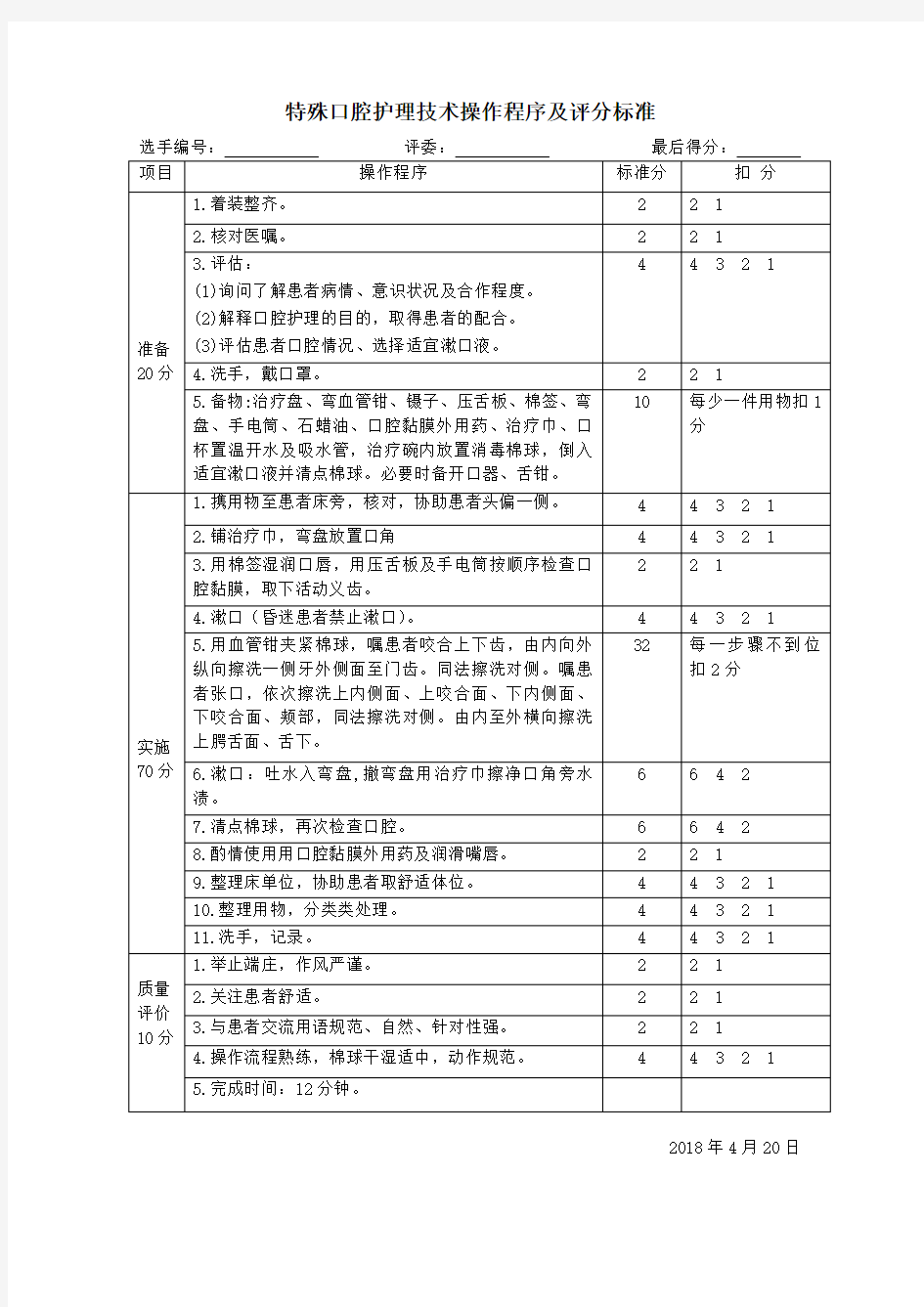 特殊口腔护理技术操作程序及评分标准