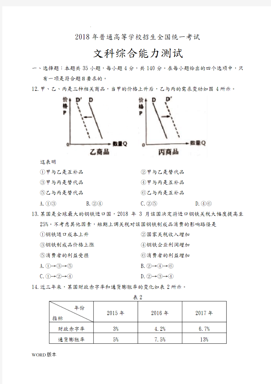 2018年全国卷Ⅱ文综政治试题(含答案)