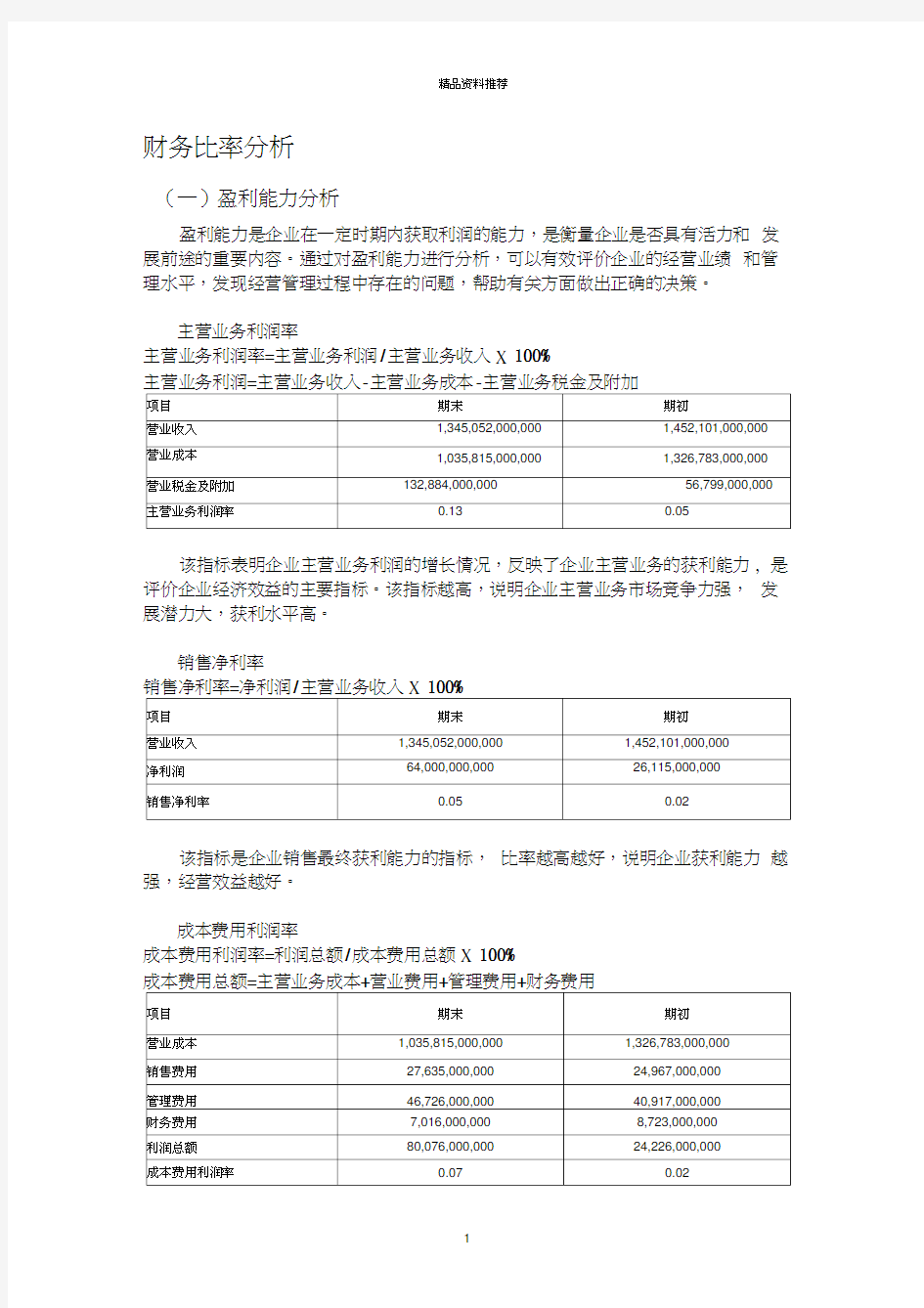 中石化财务比率分析