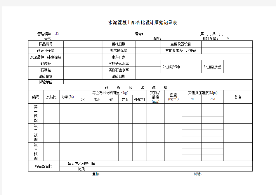 水泥混凝土配合比设计原始记录表