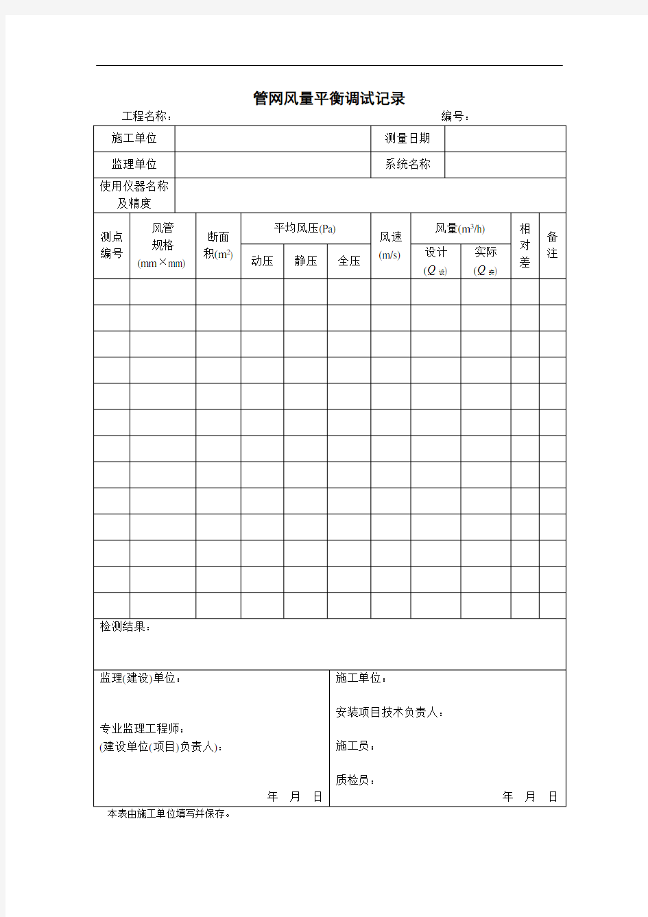 管网风量平衡调试记录