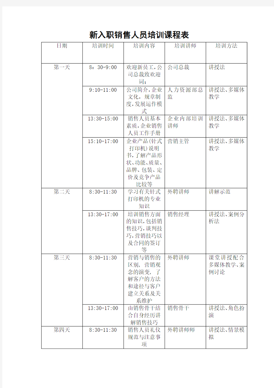 新入职销售人员培训课程表