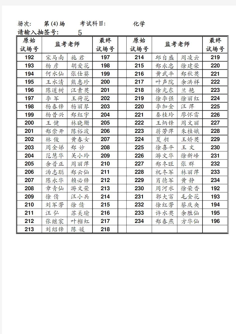 中考监考老师安排对照表