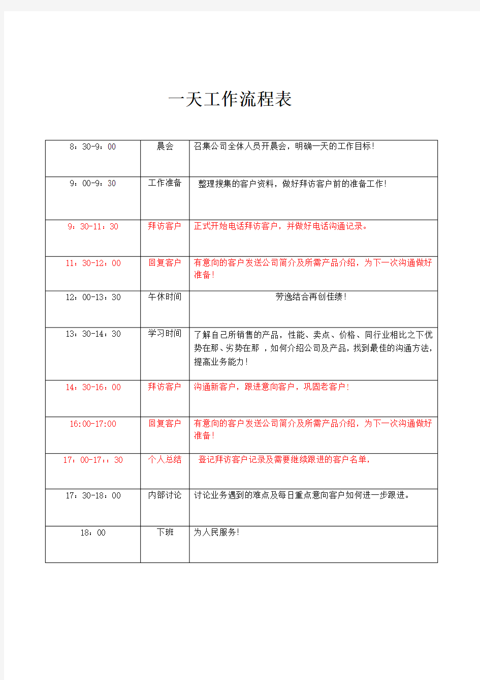 一天工作流程表