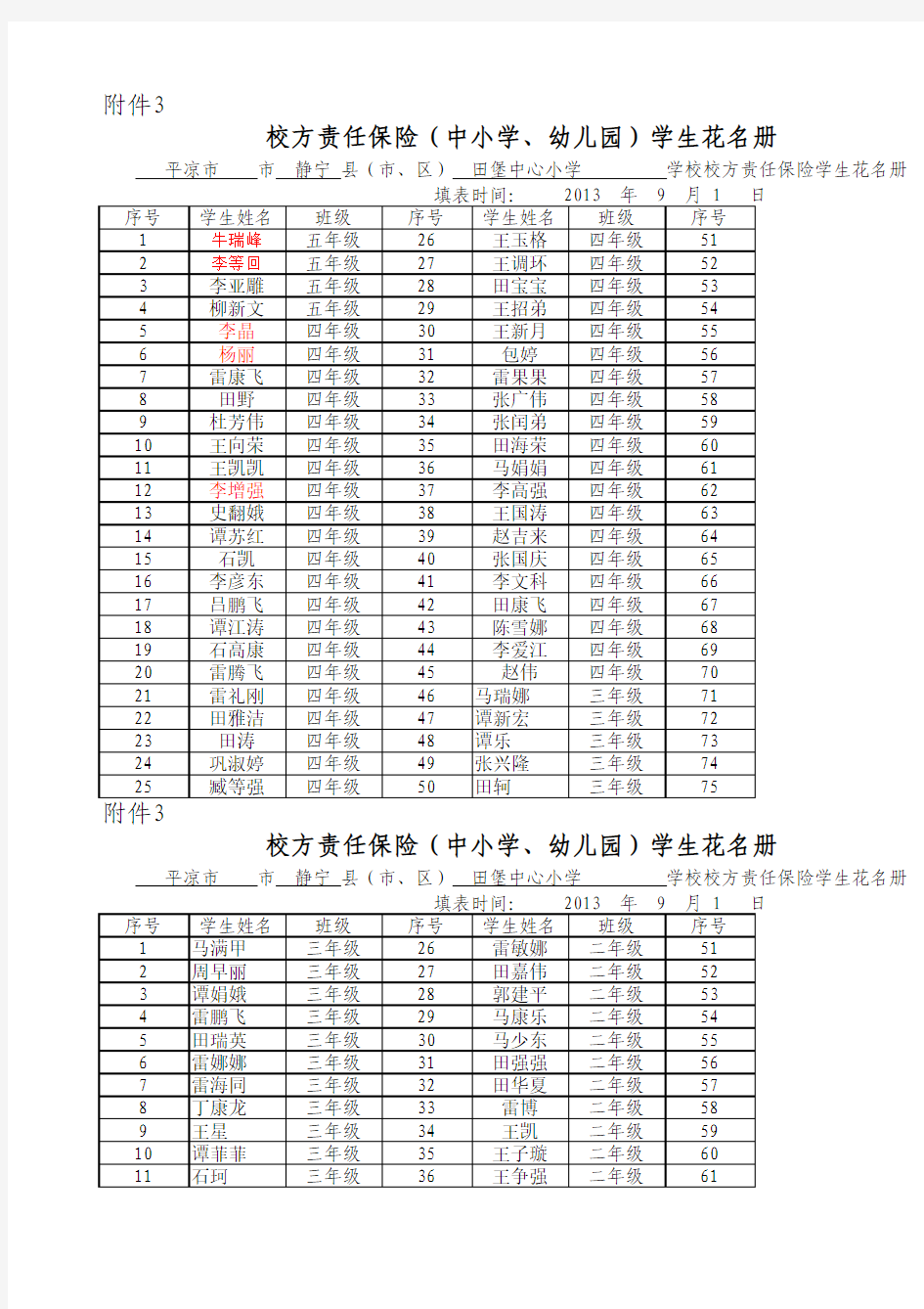 校方责任保险(中小学、幼儿园)学生花名册(附件3)