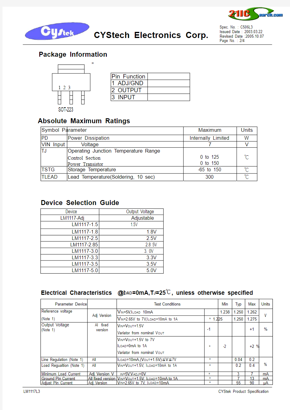 LM1117-3.3 电压转换芯片 数据手册 说明书