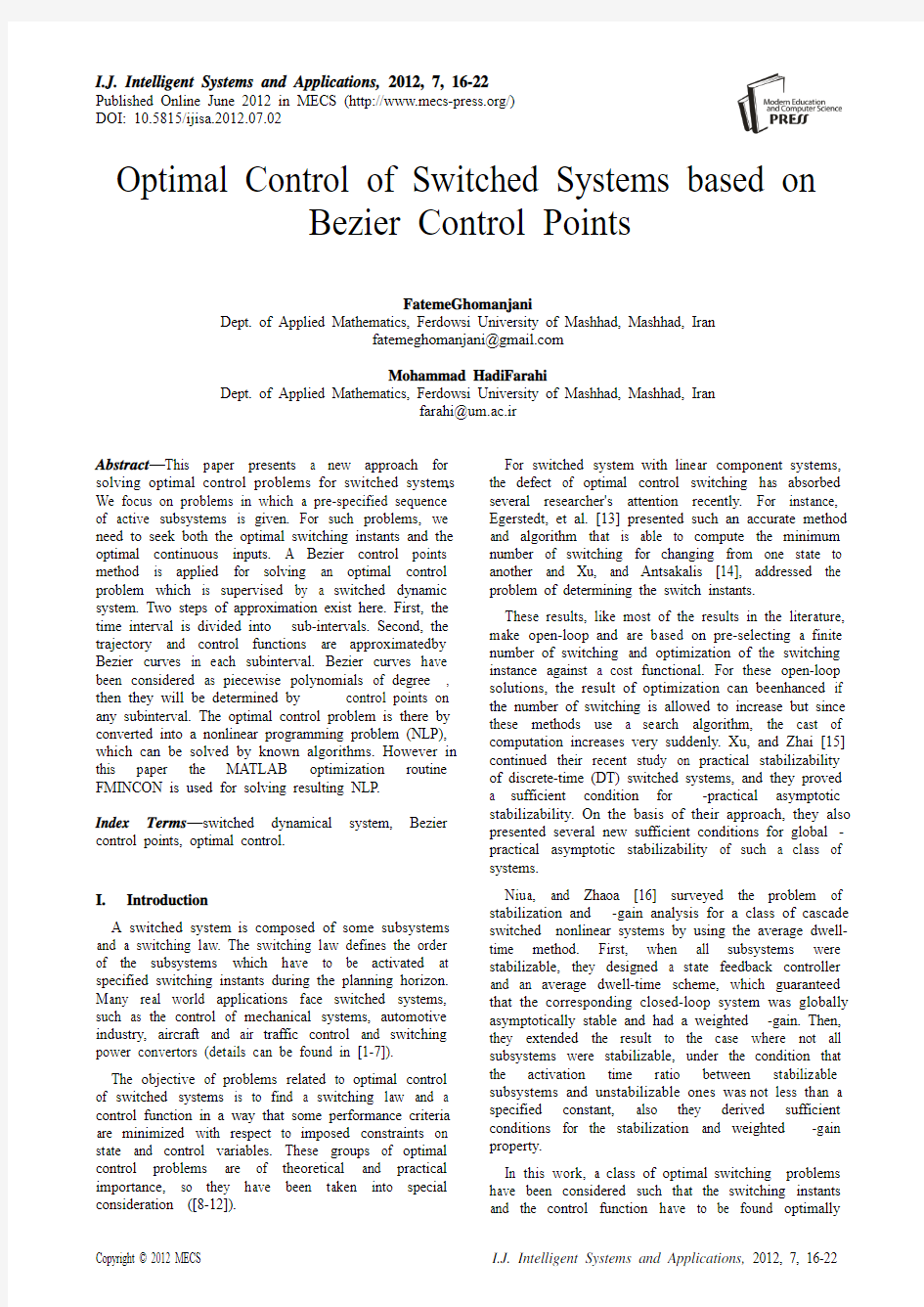 基于贝塞尔控制点优化控制切换系统(IJISA-V4-N7-2)