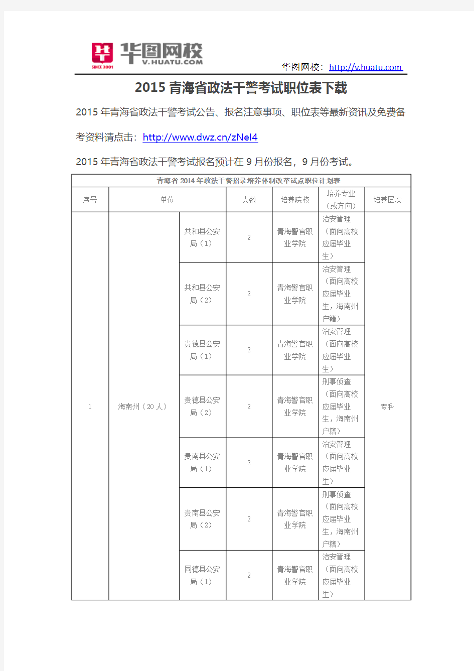 2015青海省政法干警考试职位表下载