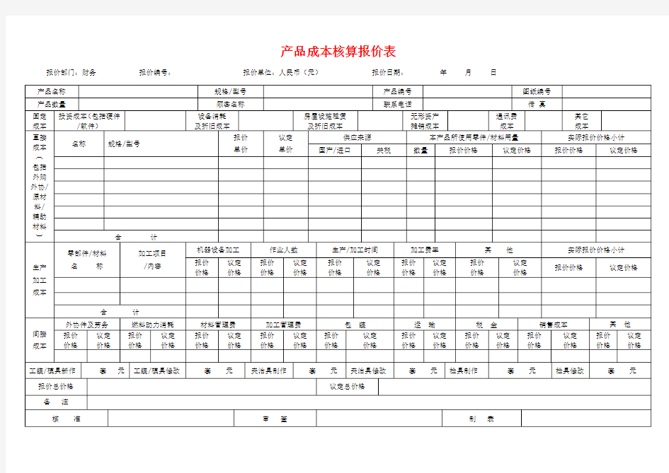 产品成本核算报价表1