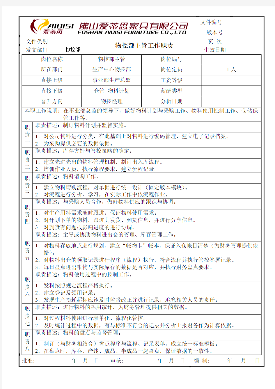 物控部主管工作职责