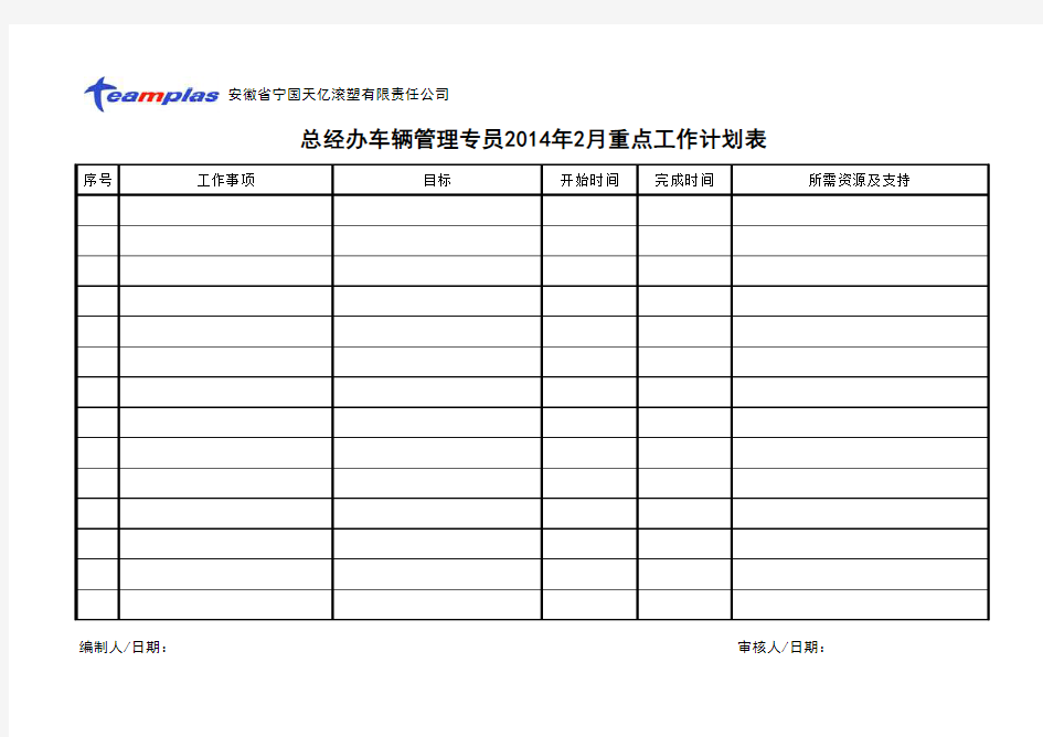 车辆管理专员月度工作计划表