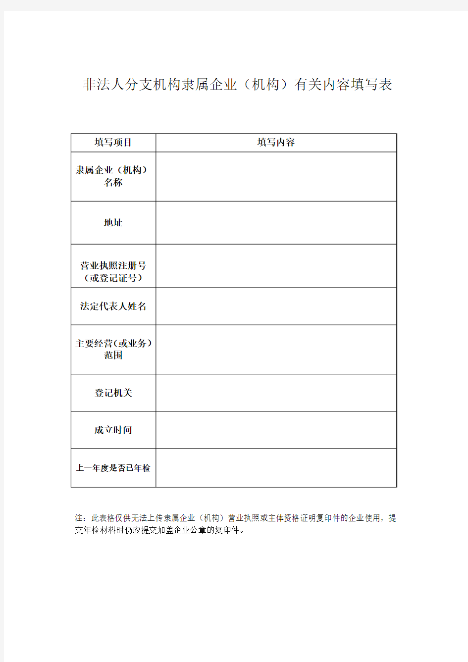 非法人分支机构隶属企业(机构)有关内容填写表