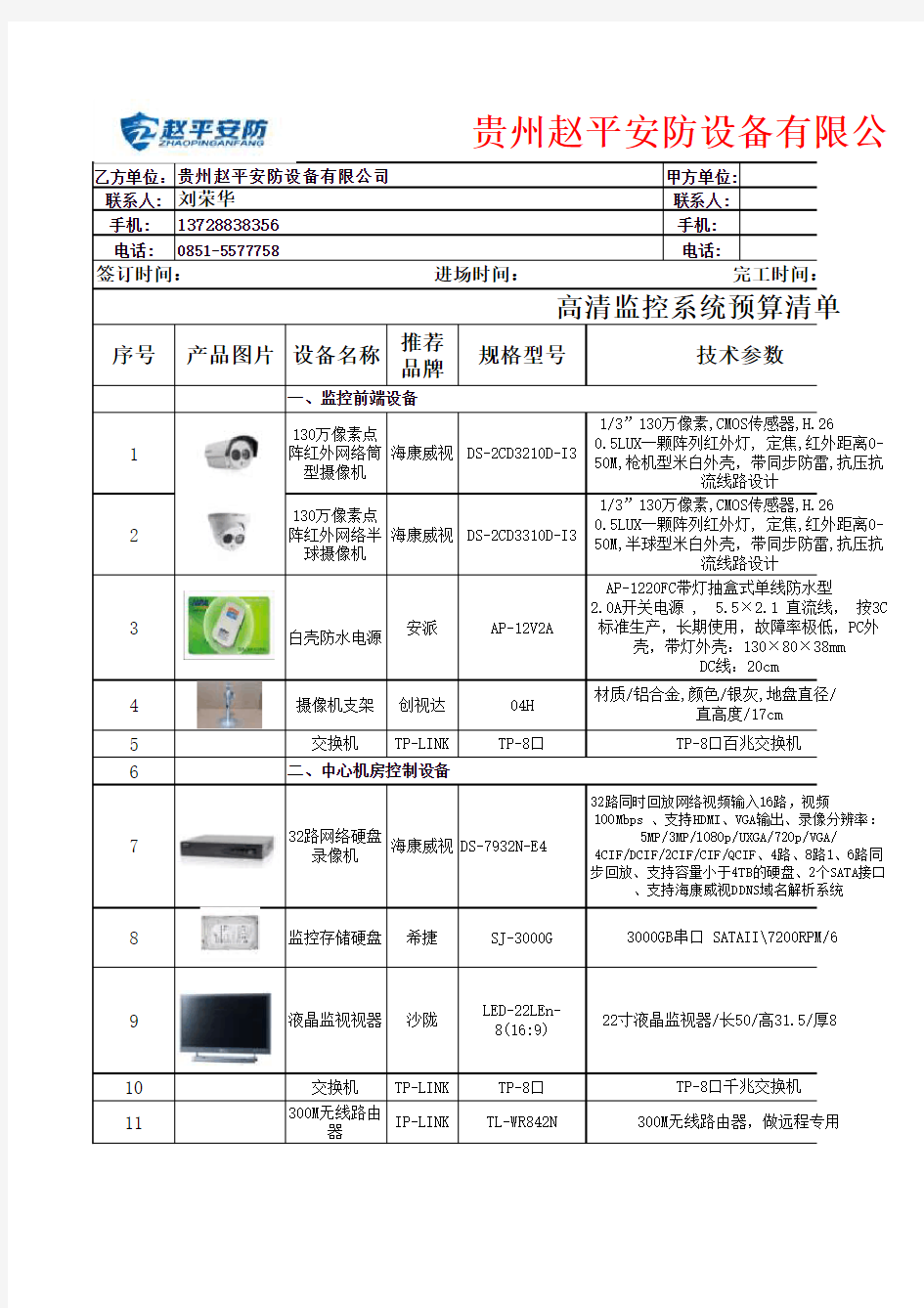 24路数字及模拟高清监控系统配置清单报价(样板)