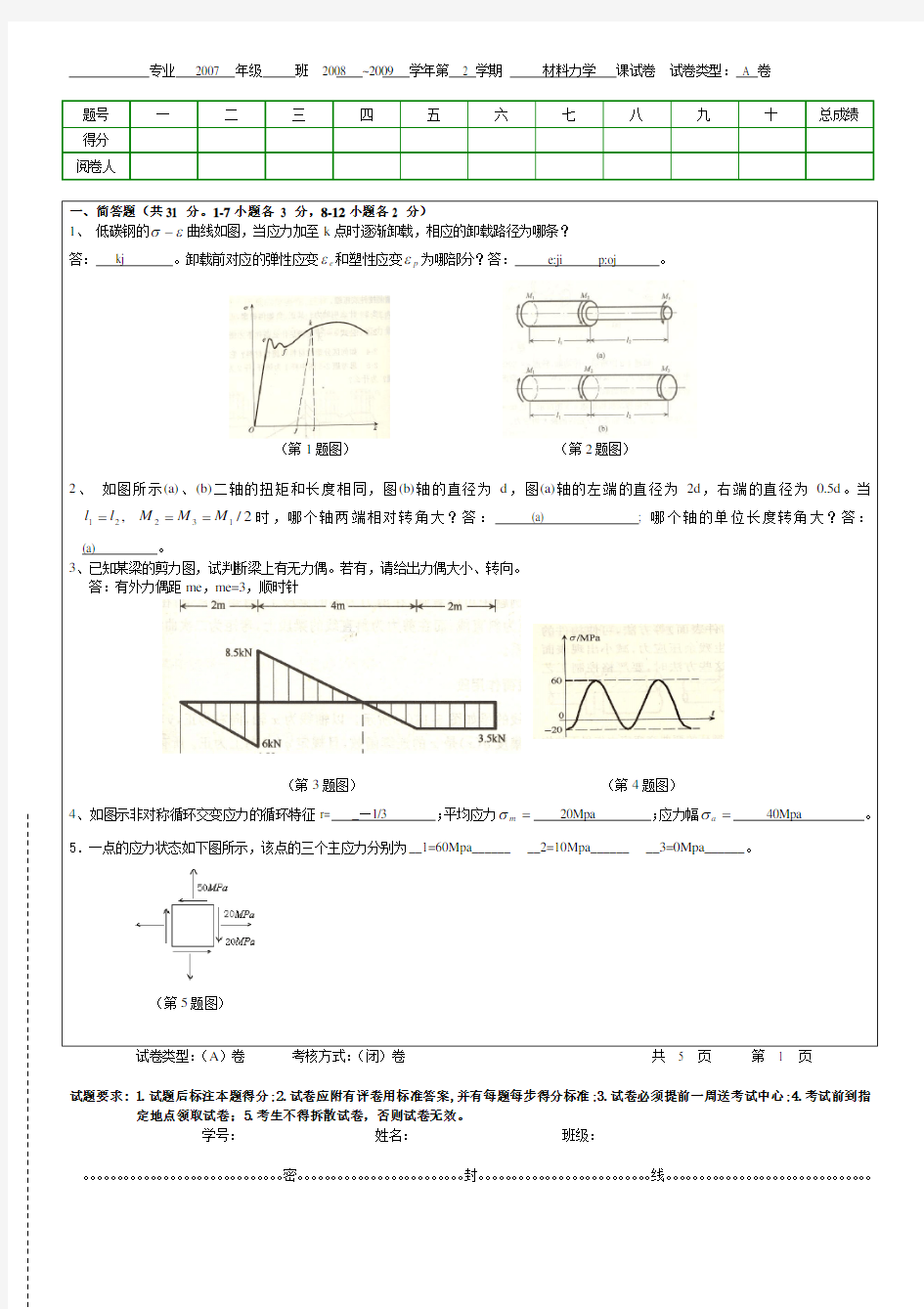 (完整版)材料力学试题A及答案