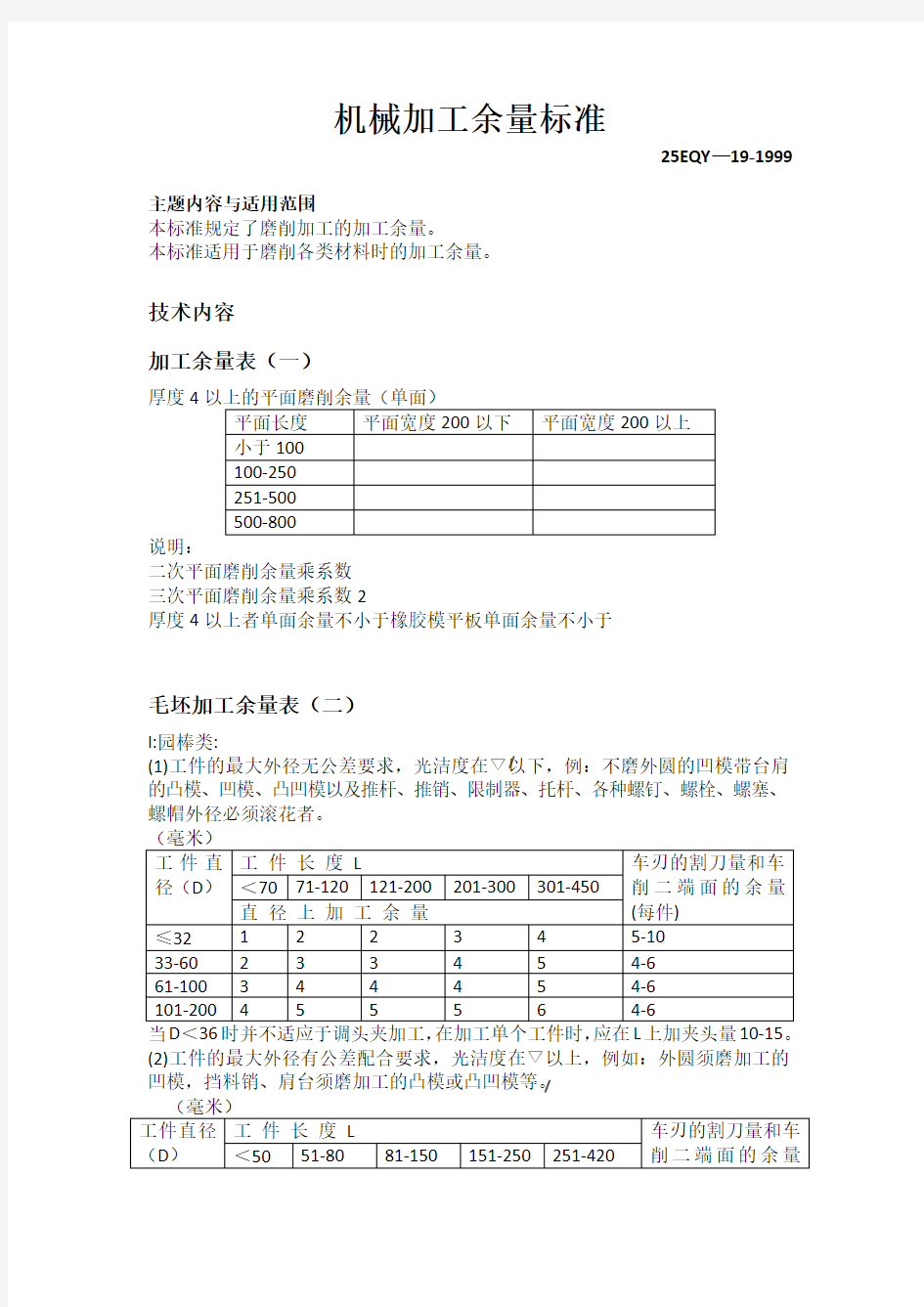 机械加工余量标准