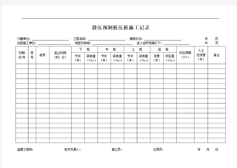 静压预制桩压桩施工记录