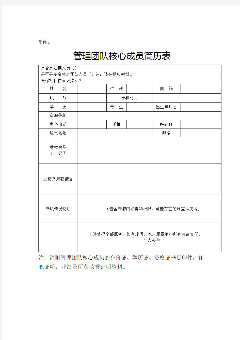 管理团队核心成员简历表【模板】