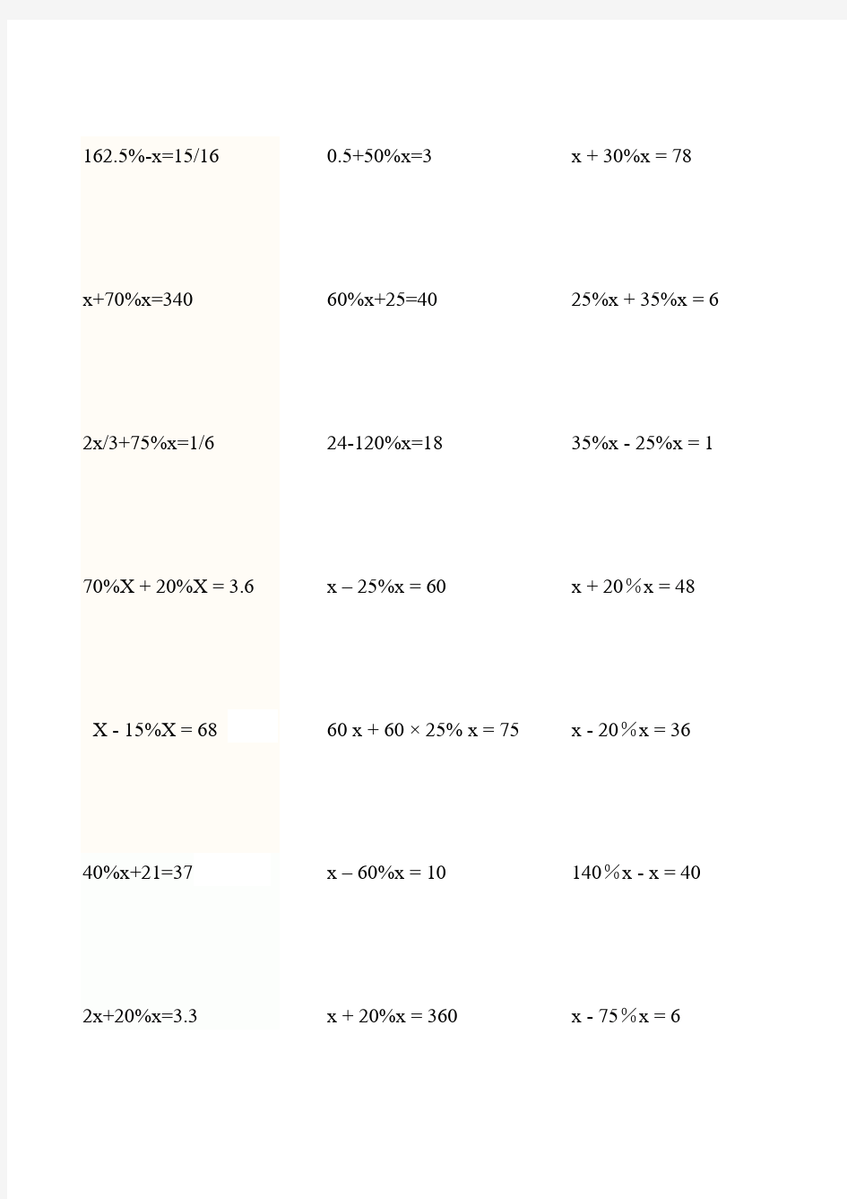 六年级百分数方程计算题(40道题)