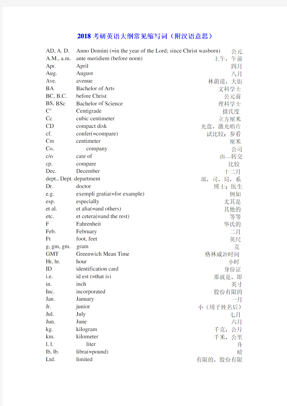 2018考研英语大纲常见缩写词(附汉语意思)