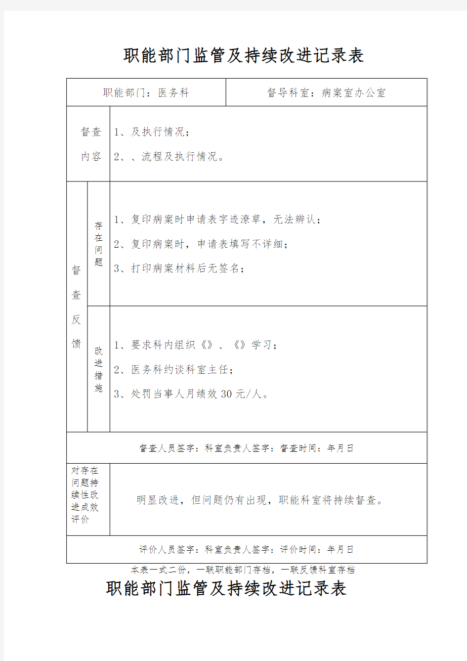 职能部门监管及持续改进记录表 