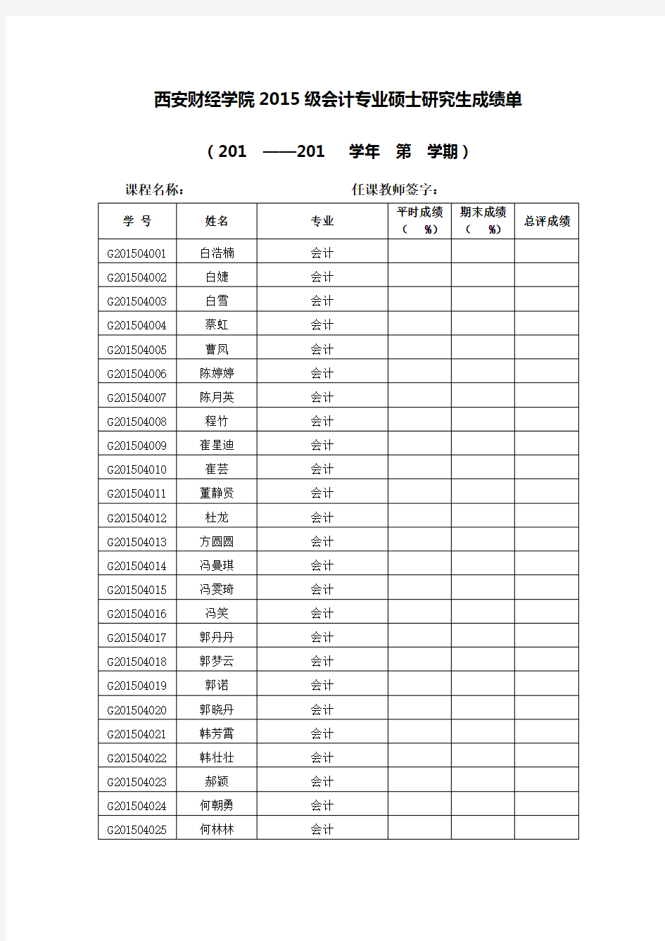 西安财经学院2015级会计专业硕士研究生成绩单