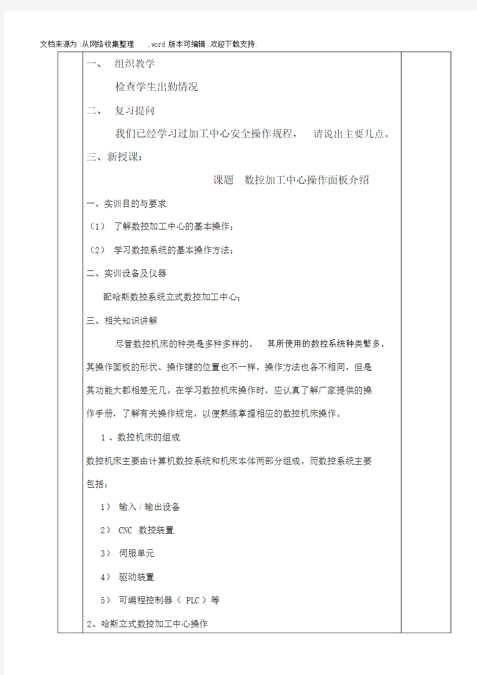 哈斯加工中心面板操作教案.doc