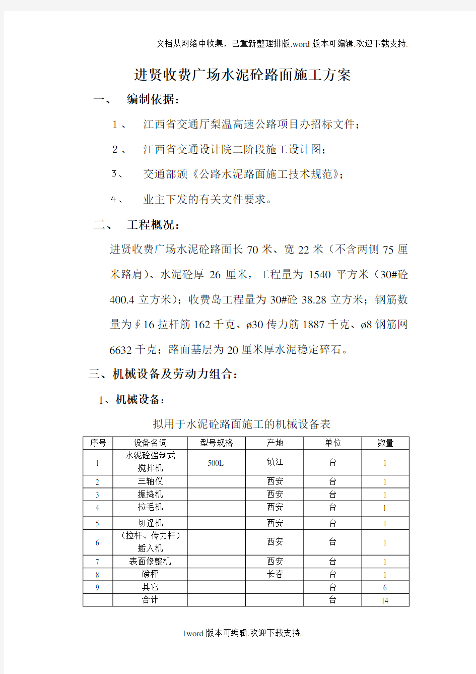 收费广场水泥砼路面施工方案.doc