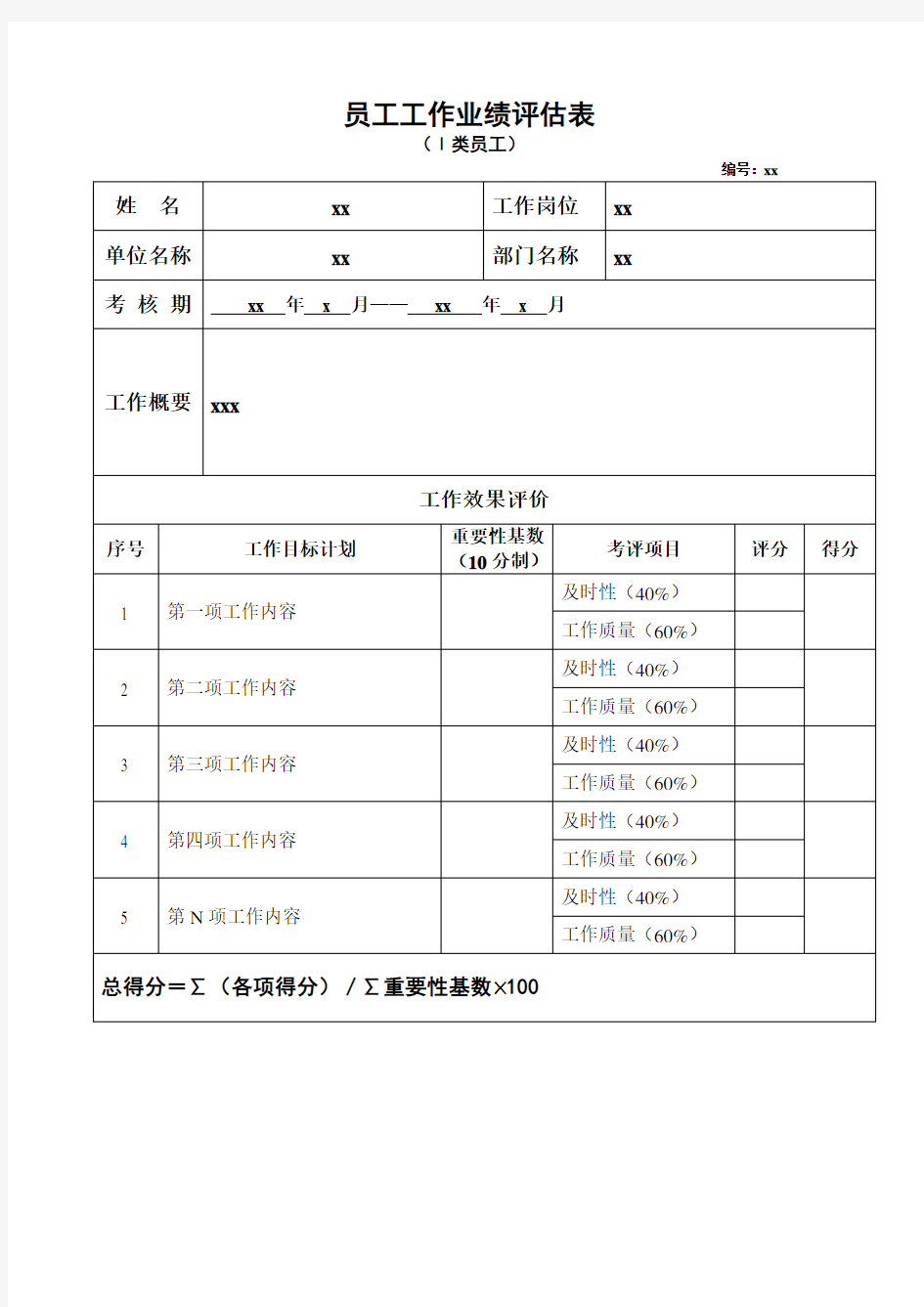 员工工作业绩评估表 .doc