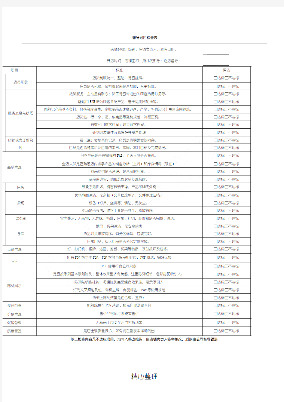 督导巡店检查表格模板