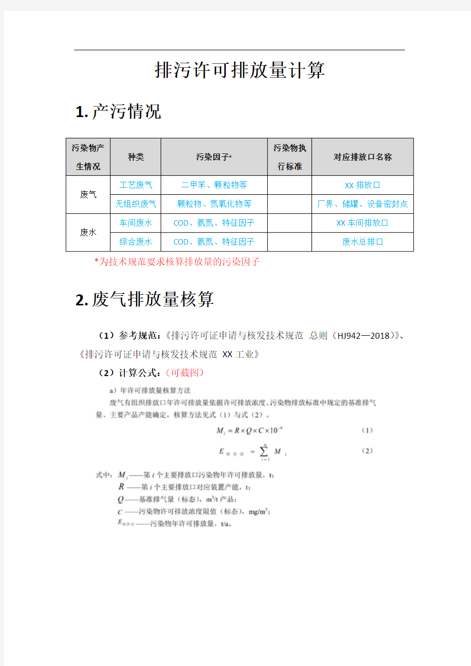 排污许可排放量计算过程模板