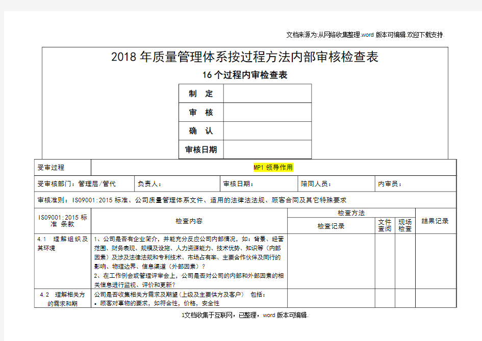 内审检查表按过程方法