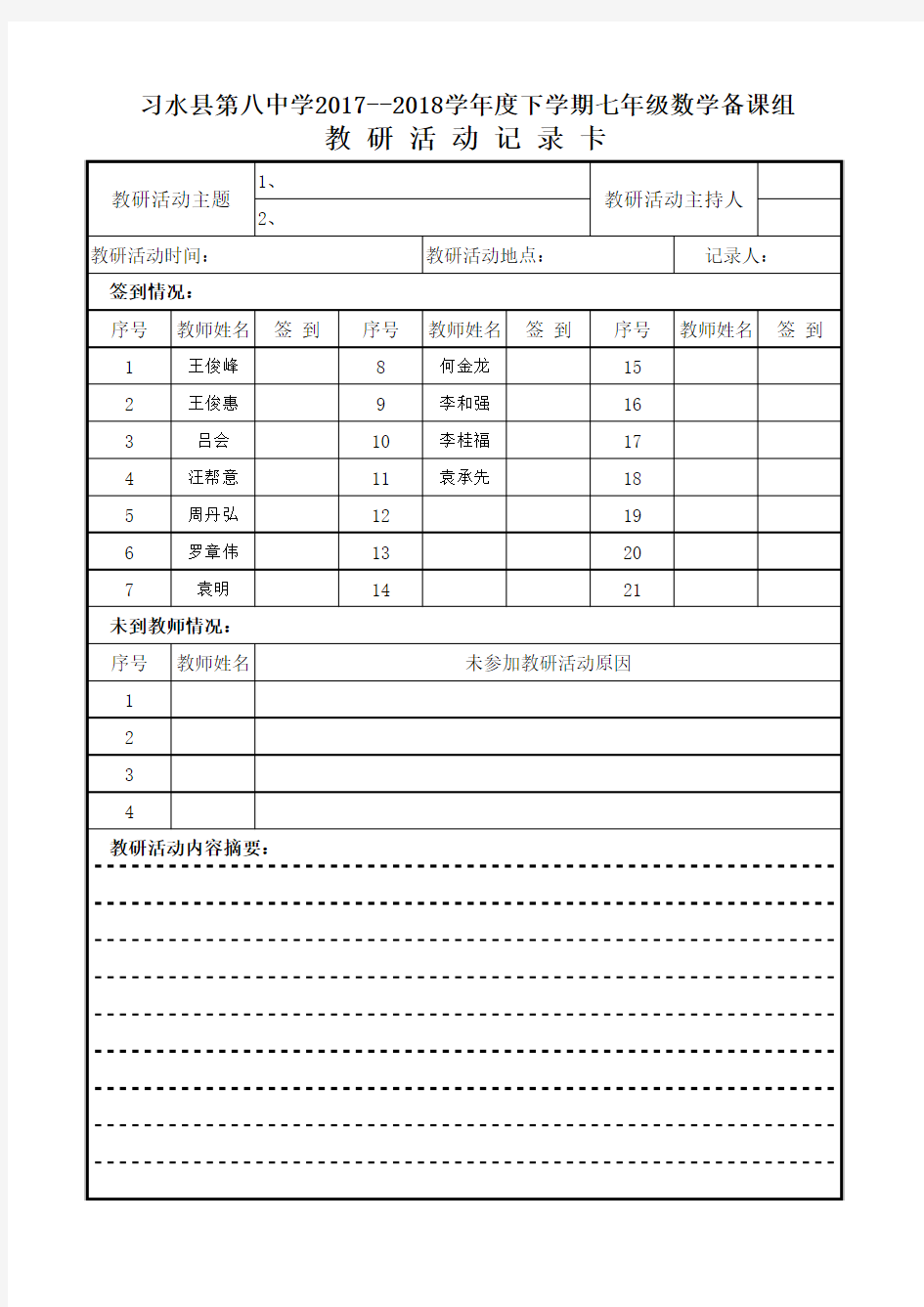 2018年春各教研组教研活动周推进记录表