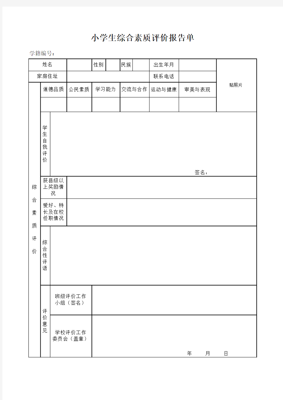 小学生综合素质评价报告单模板