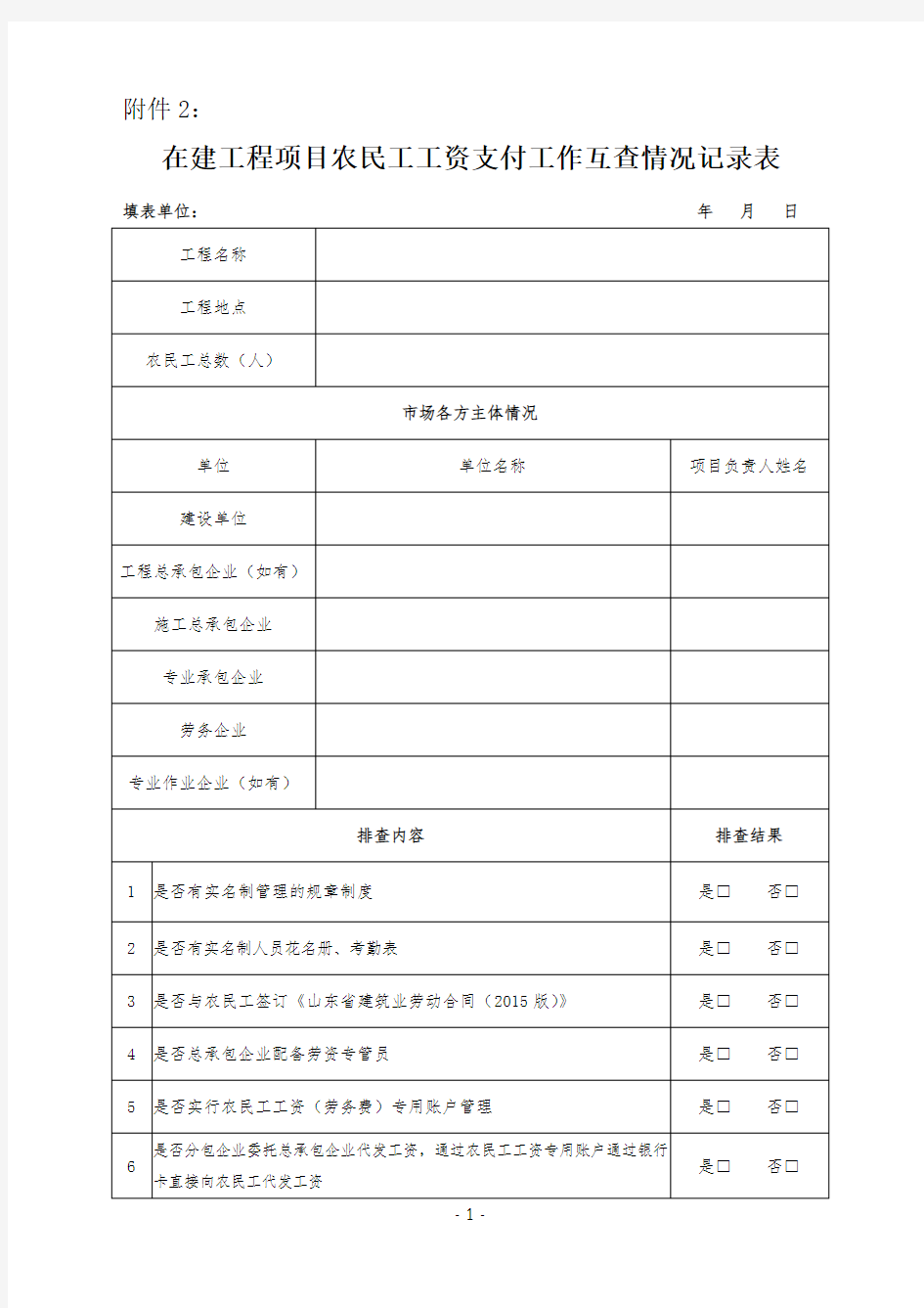 保障农民工工资支付工作互查情况记录表