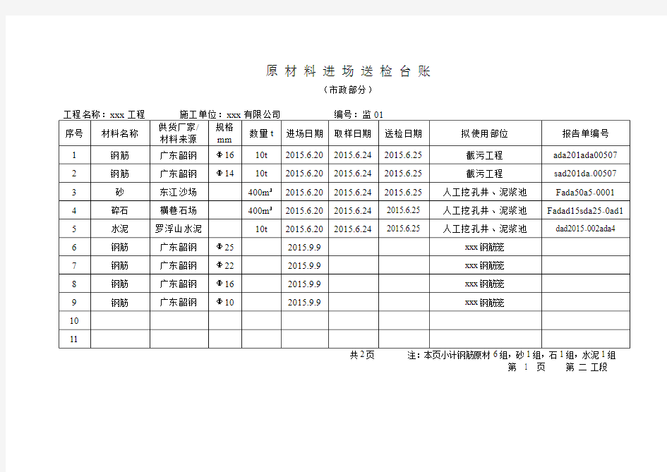 原材料进场送检台账