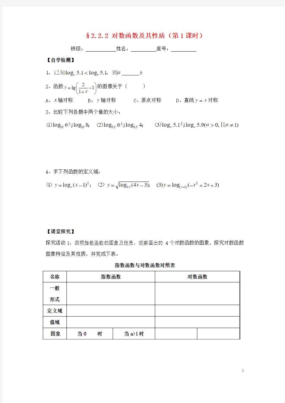 福建省福清市海口镇高中数学第二章基本初等函数Ⅰ2.2.2对数函数及其性质第1课时学案新人教A版1 精品