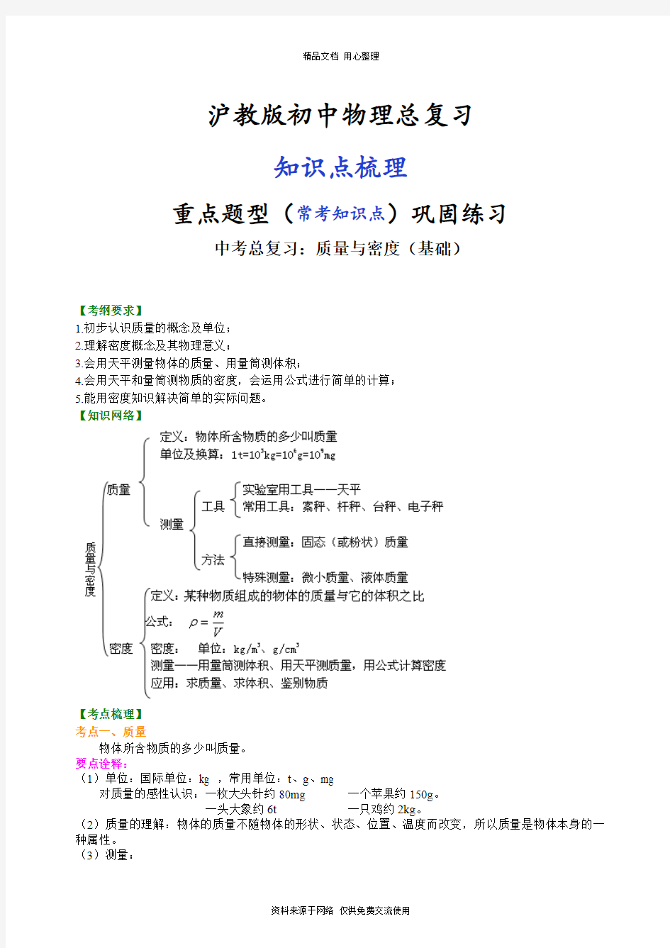 沪教版初中物理总复习总复习：质量与密度(基础)知识讲解