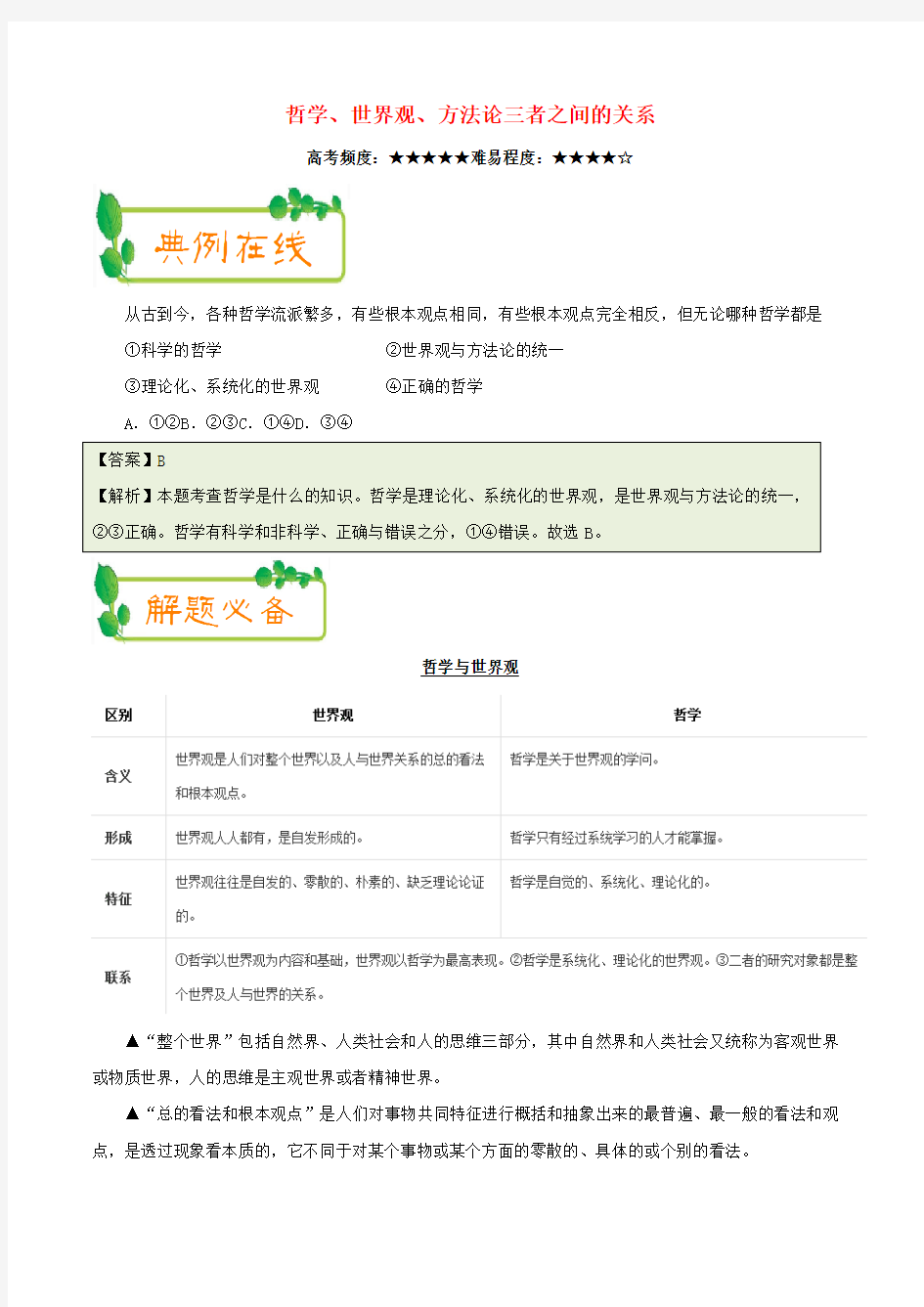 【精选】高考政治一轮复习每日一题第18周哲学世界观方法论三者之间的关系含解析