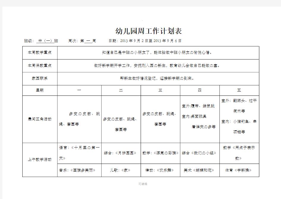 幼儿园中班周计划表49803