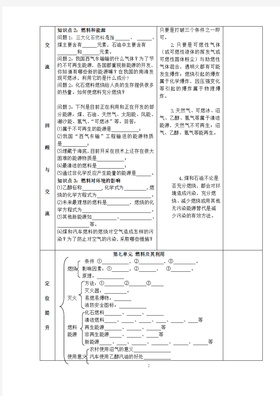 第七单元 《燃料及其利用》单元复习教学设计