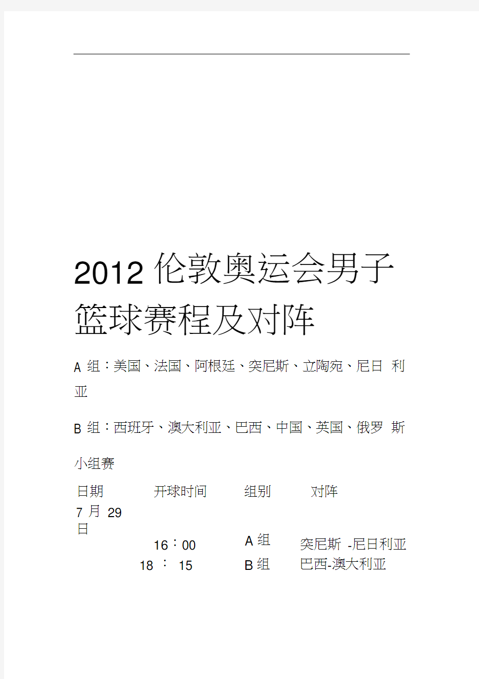 2012伦敦奥运会篮球赛程及对阵