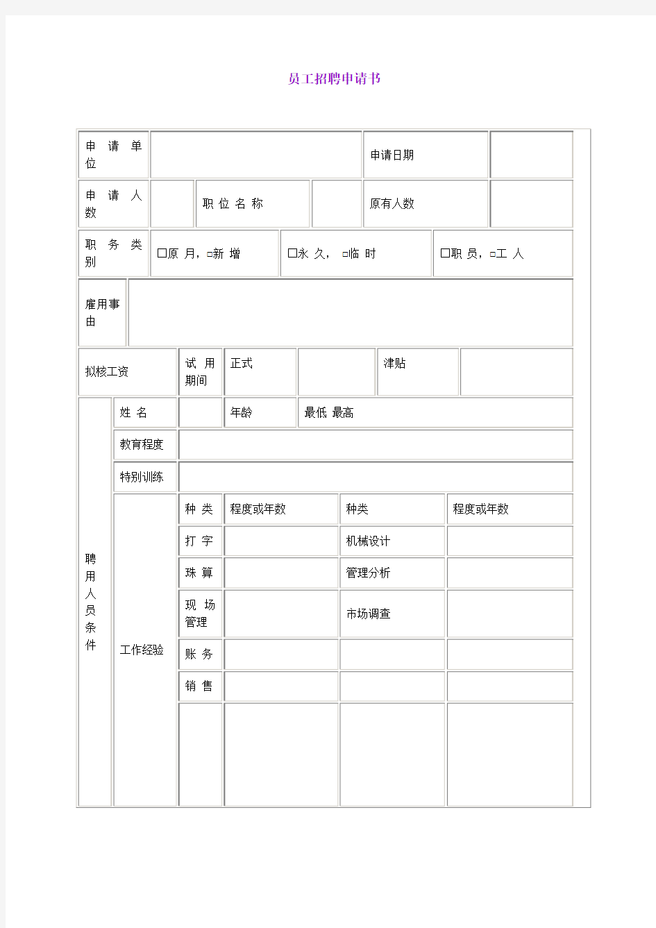 员工招聘申请书 格式 