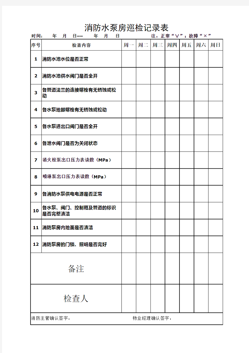 消防水泵房日常检查表