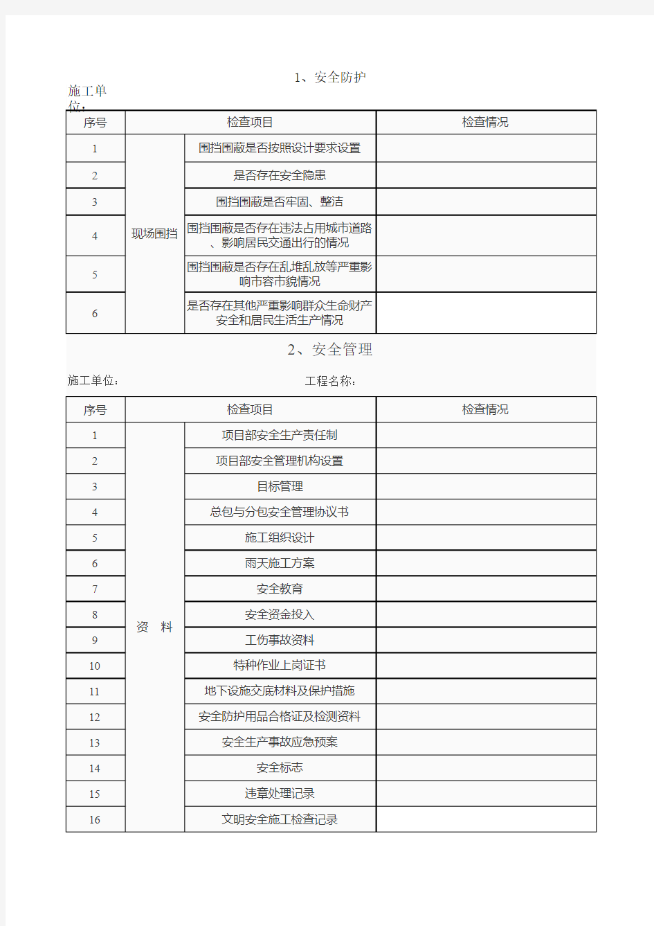 项目复工安全检查表