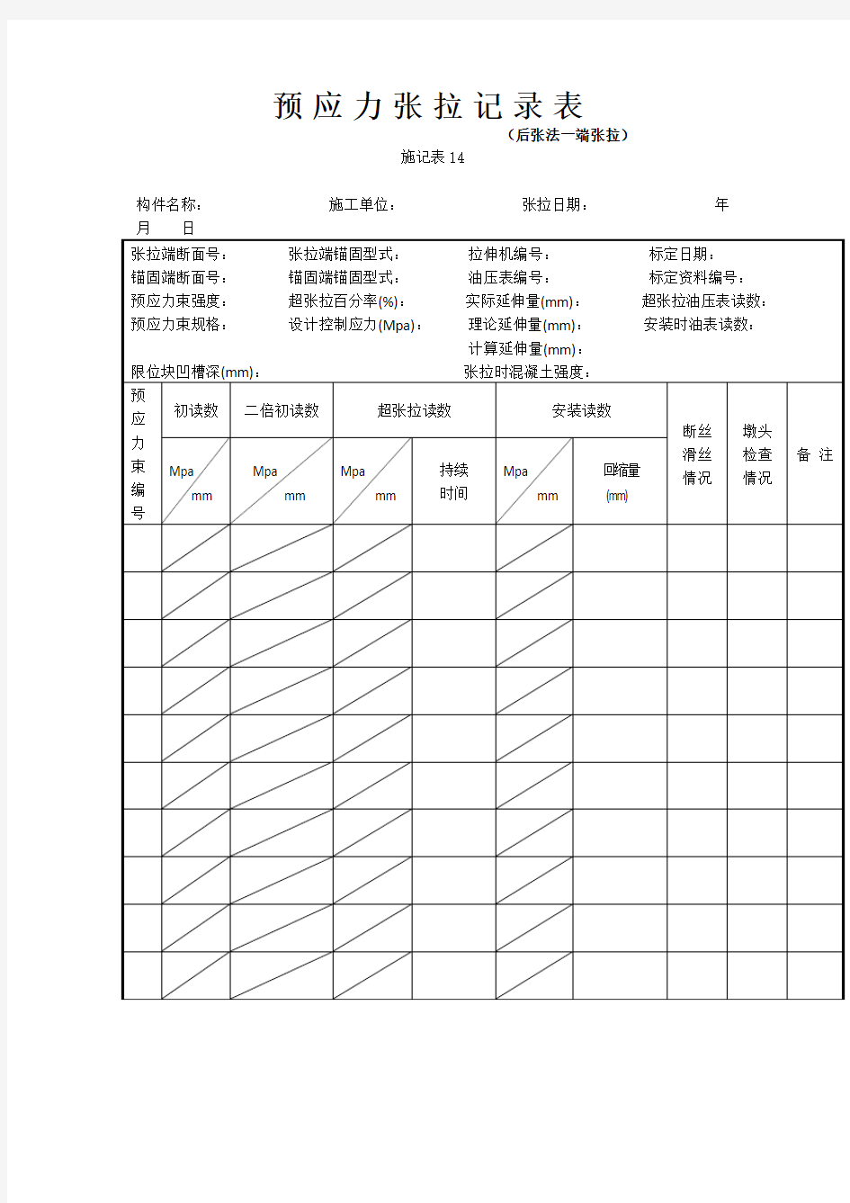 预应力张拉记录表 (后张法一端张拉)